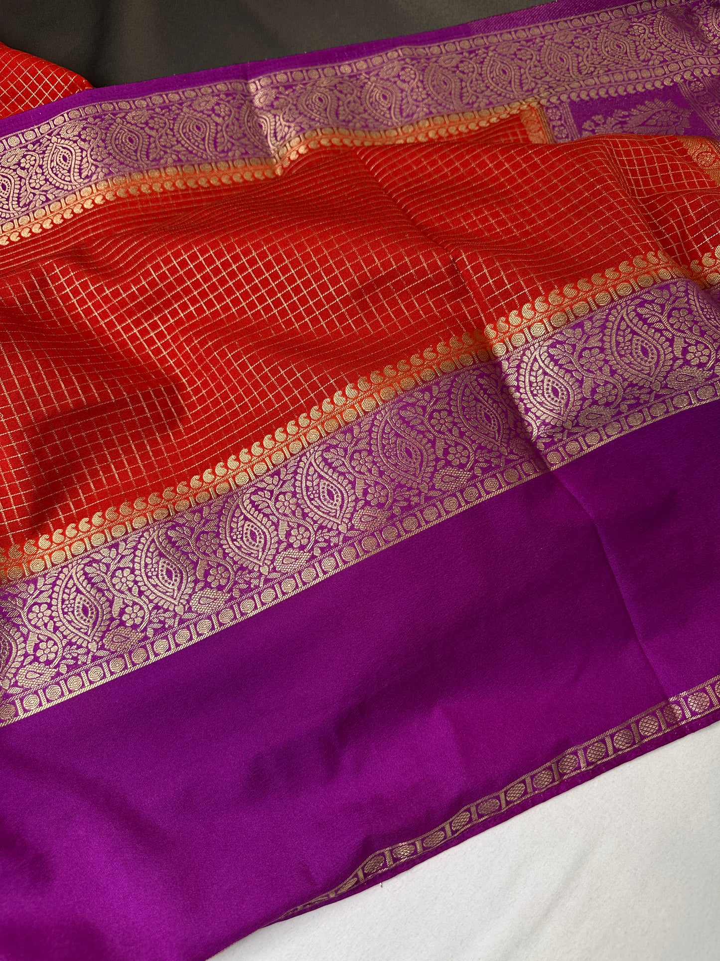 Banarsi Crepe Small Checks Orange Saree - 