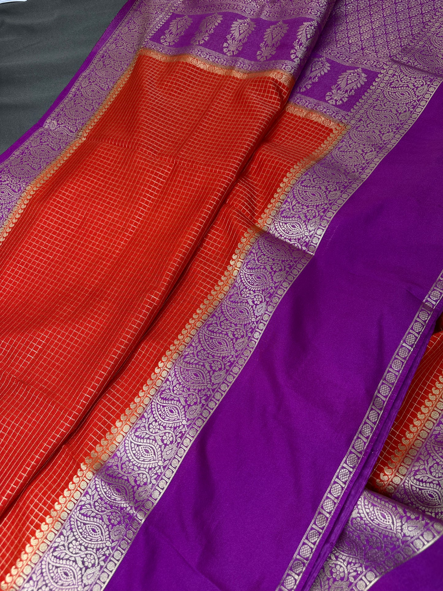 Banarsi Crepe Small Checks Orange Saree - 