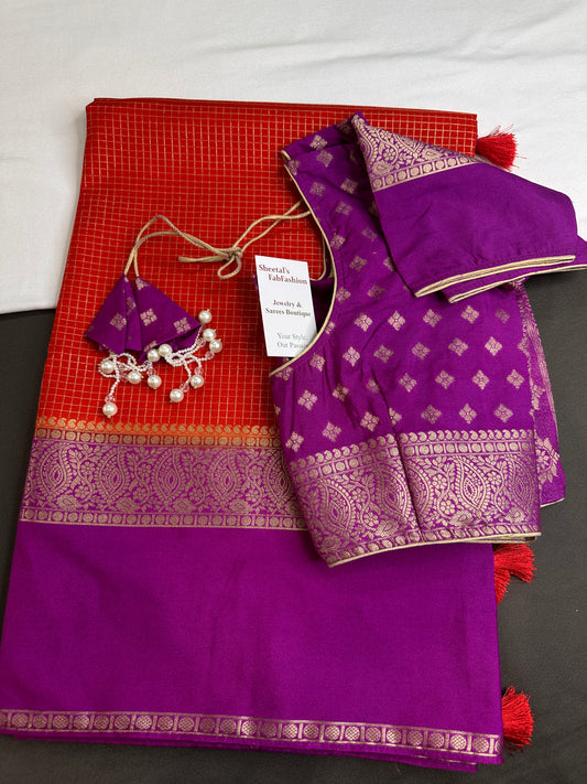 Banarsi Crepe Small Checks Orange Saree - 