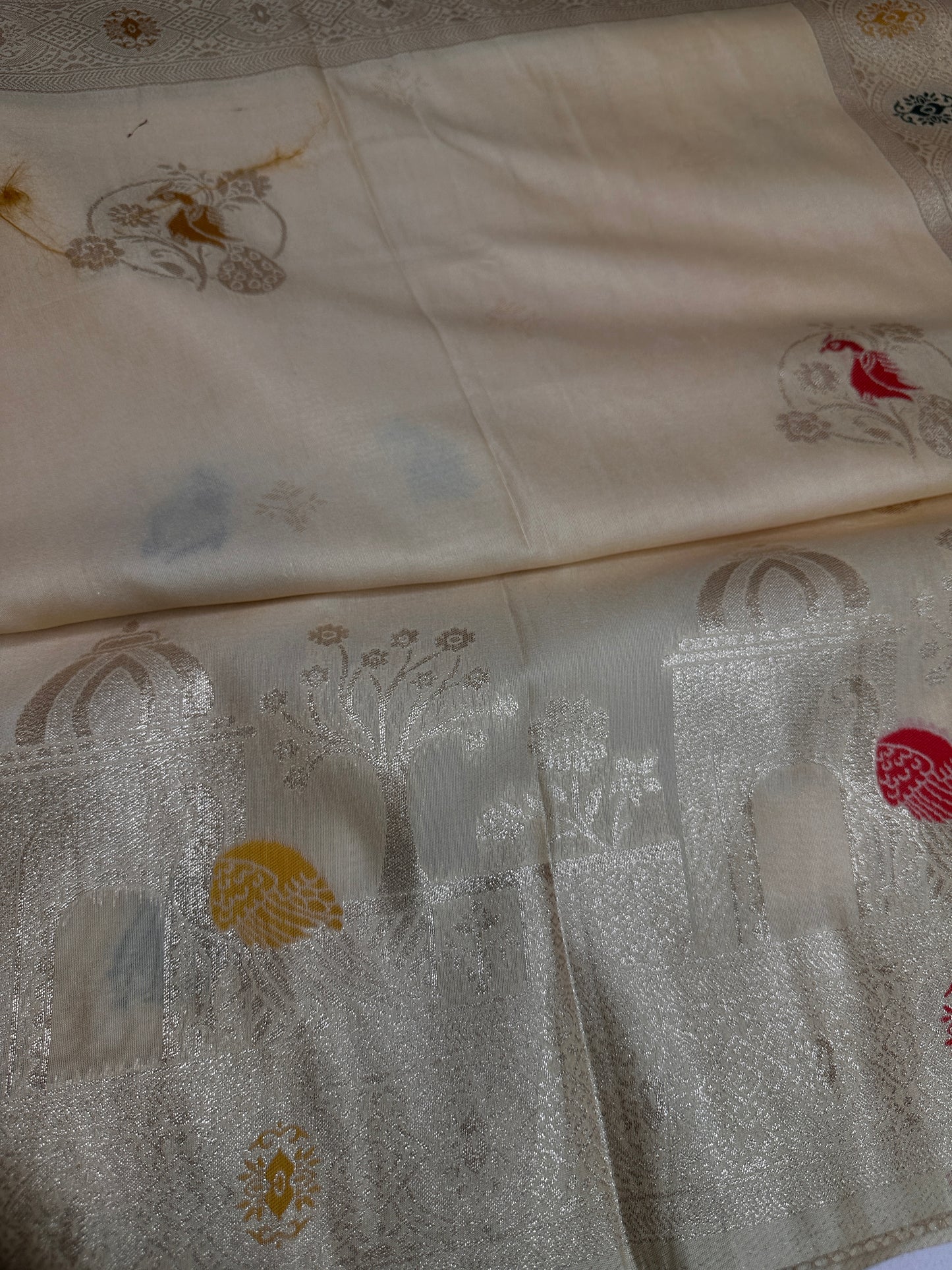 Soft Silk Semi Banarsi Cream Saree - 