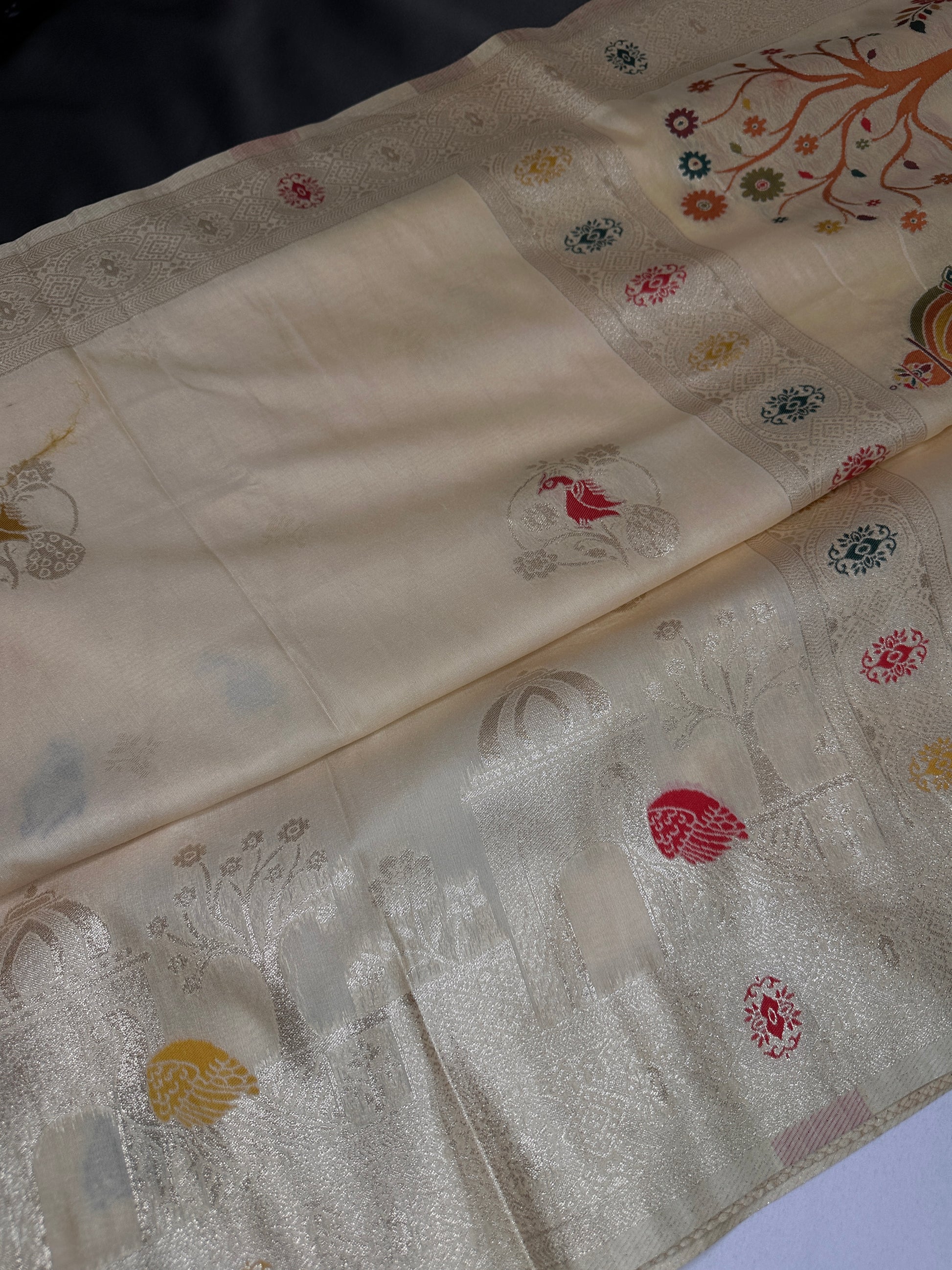 Soft Silk Semi Banarsi Cream Saree - 