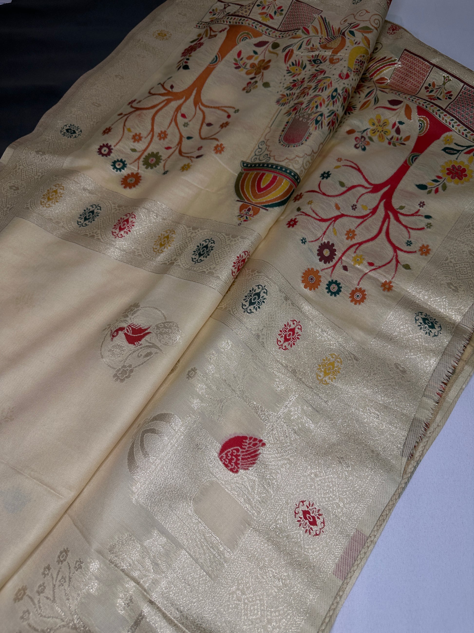 Soft Silk Semi Banarsi Cream Saree - 