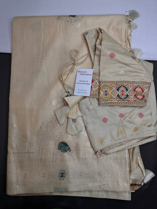 Soft Silk Semi Banarsi Cream Saree - 