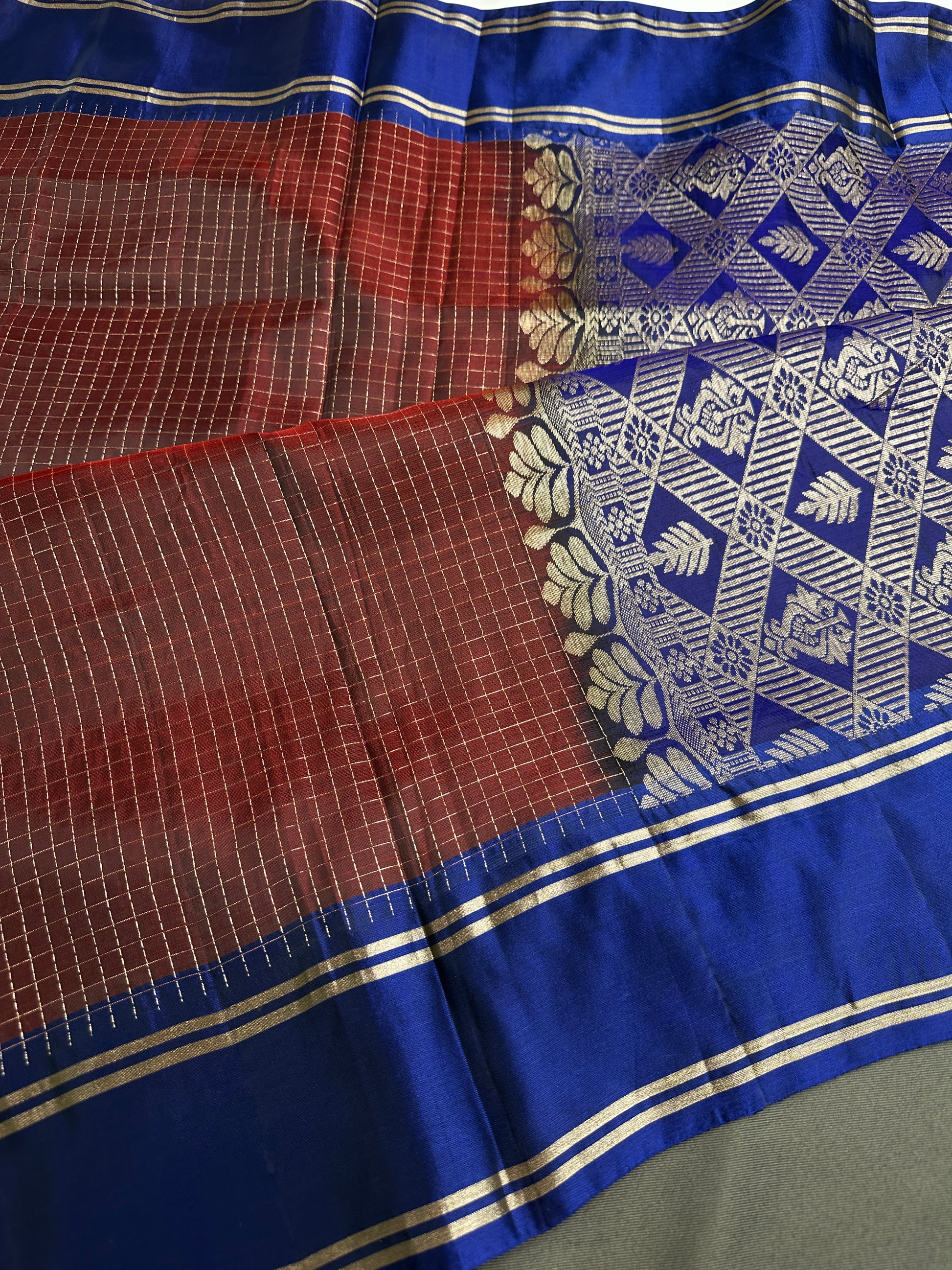 Kanchi Check Brown Blue Soft Silk Saree - 