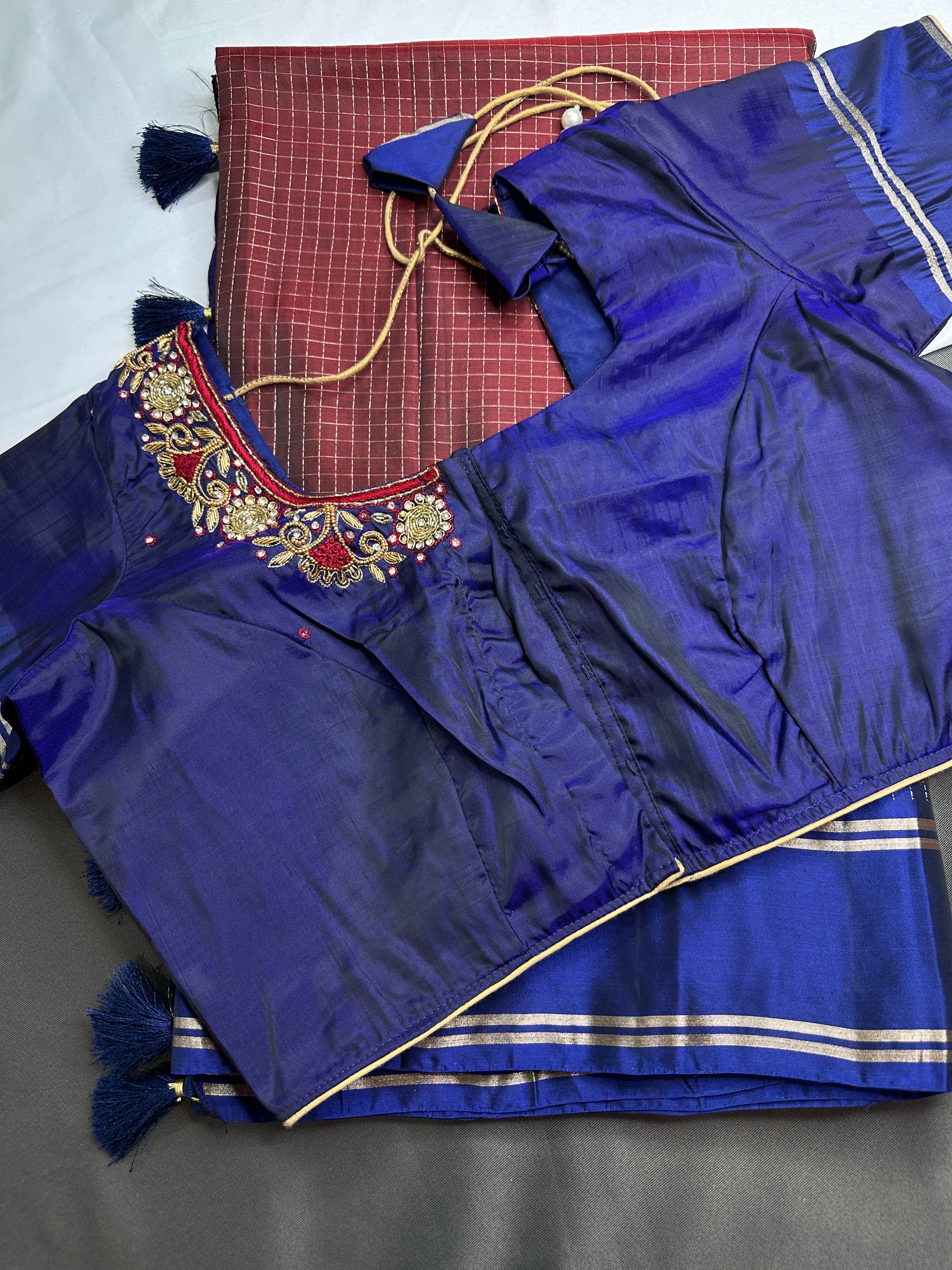Kanchi Check Brown Blue Soft Silk Saree - 