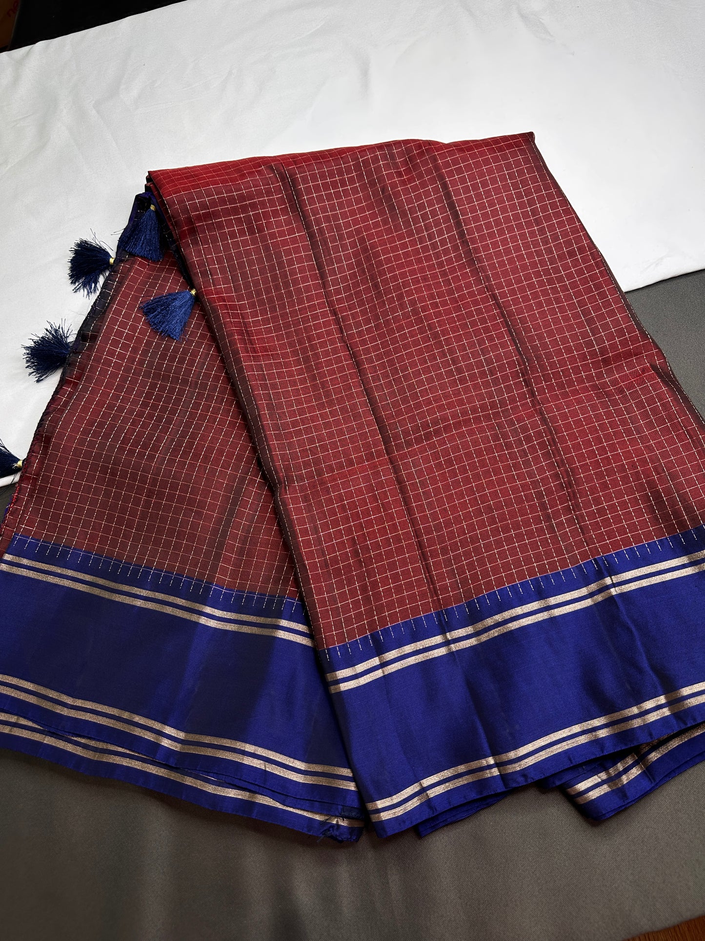 Kanchi Check Brown Blue Soft Silk Saree - 