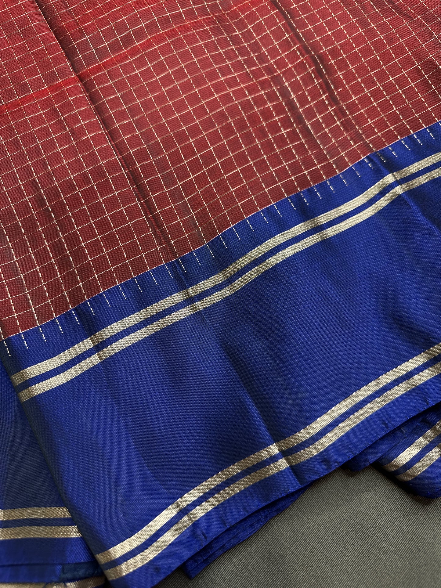 Kanchi Check Brown Blue Soft Silk Saree - 