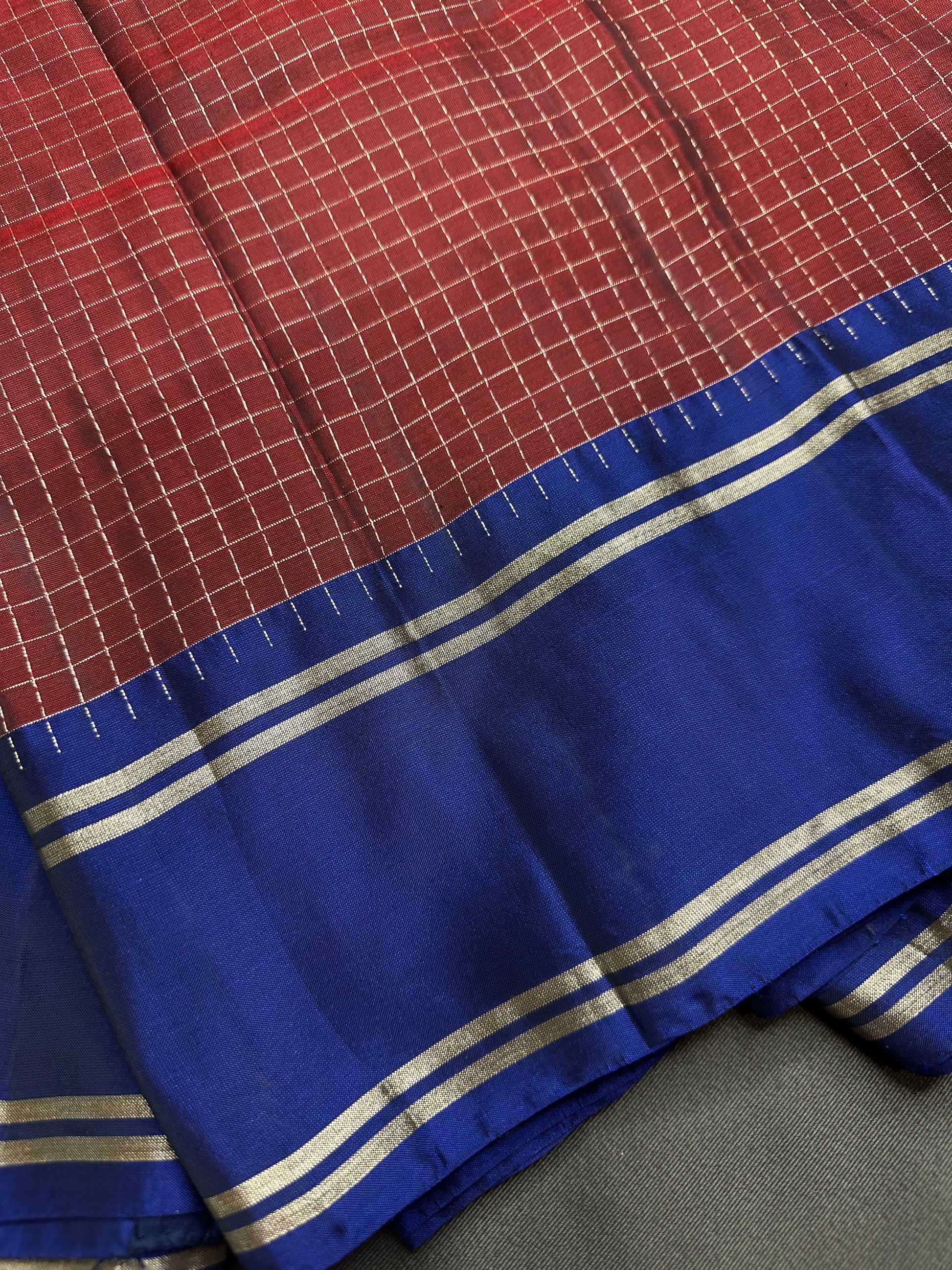 Kanchi Check Brown Blue Soft Silk Saree - 