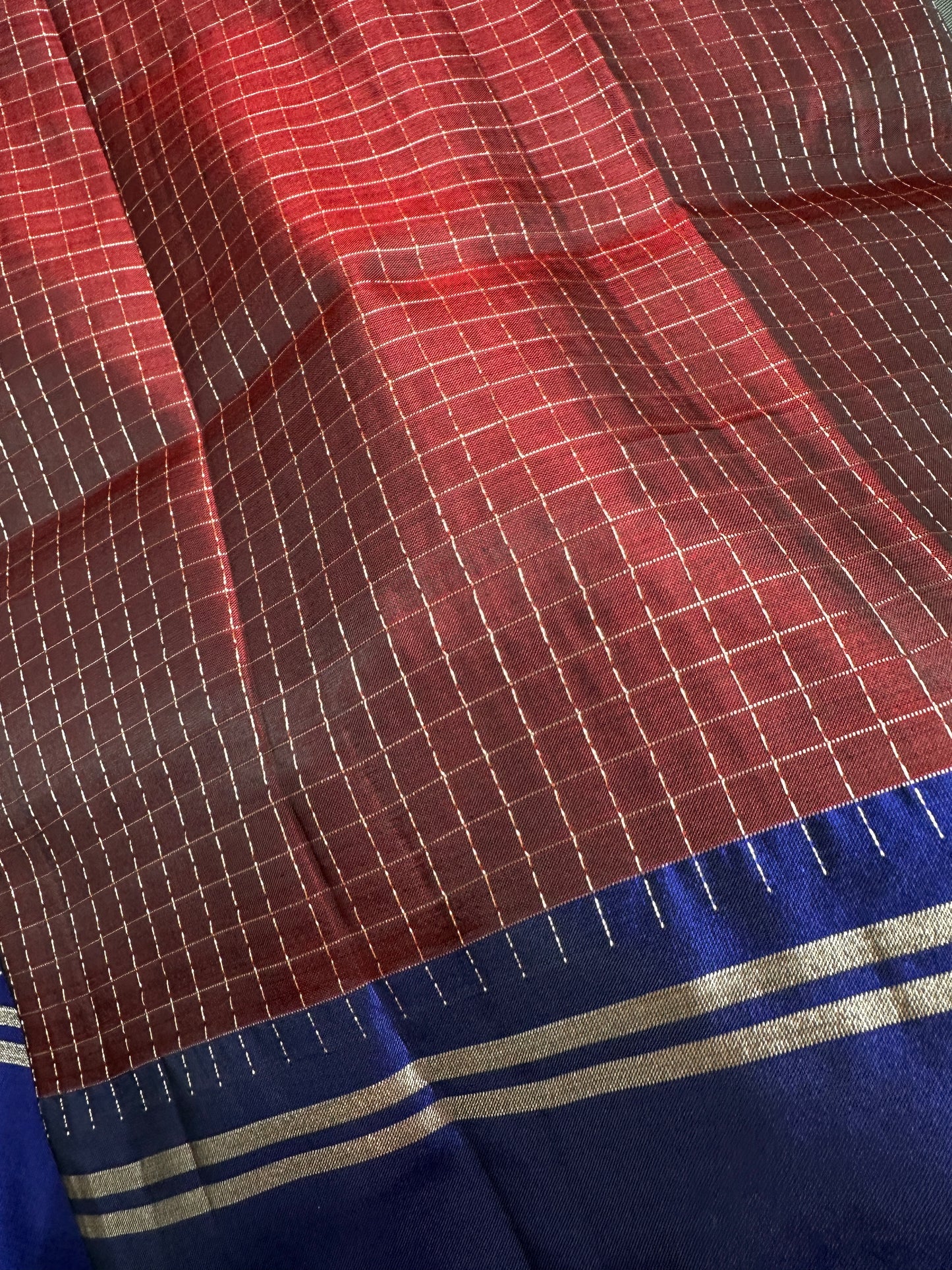 Kanchi Check Brown Blue Soft Silk Saree - 