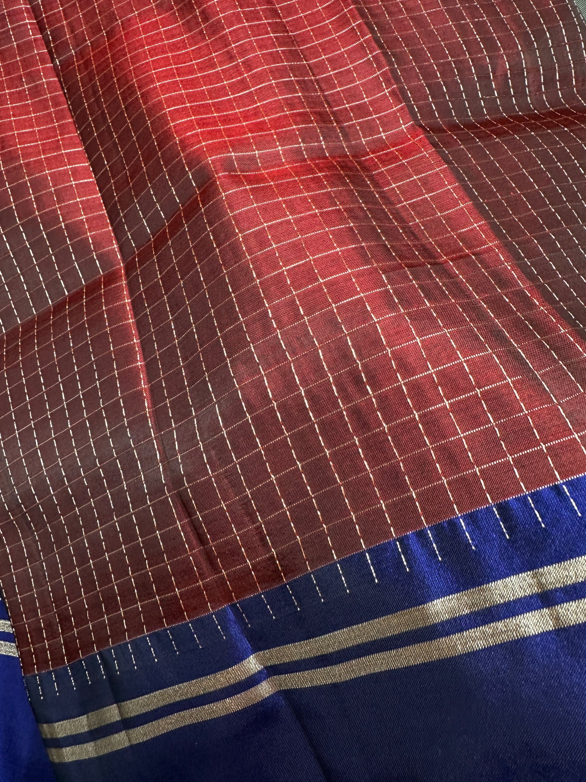 Kanchi Check Brown Blue Soft Silk Saree - 