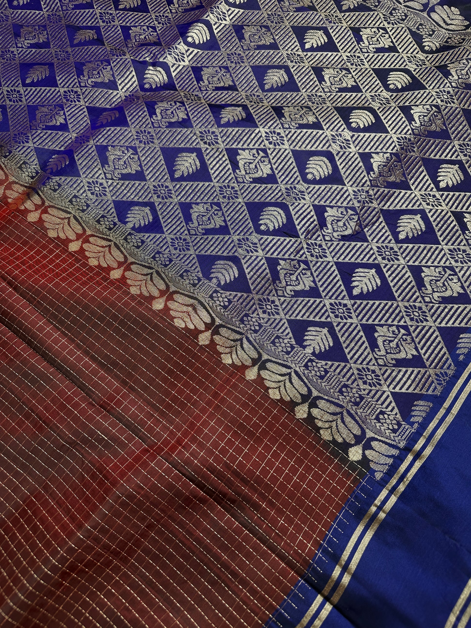 Kanchi Check Brown Blue Soft Silk Saree - 