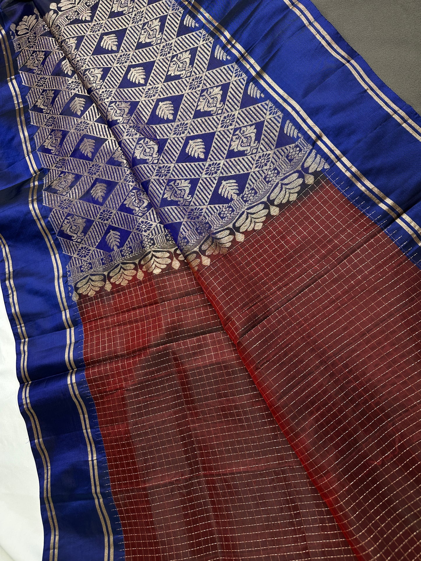 Kanchi Check Brown Blue Soft Silk Saree - 