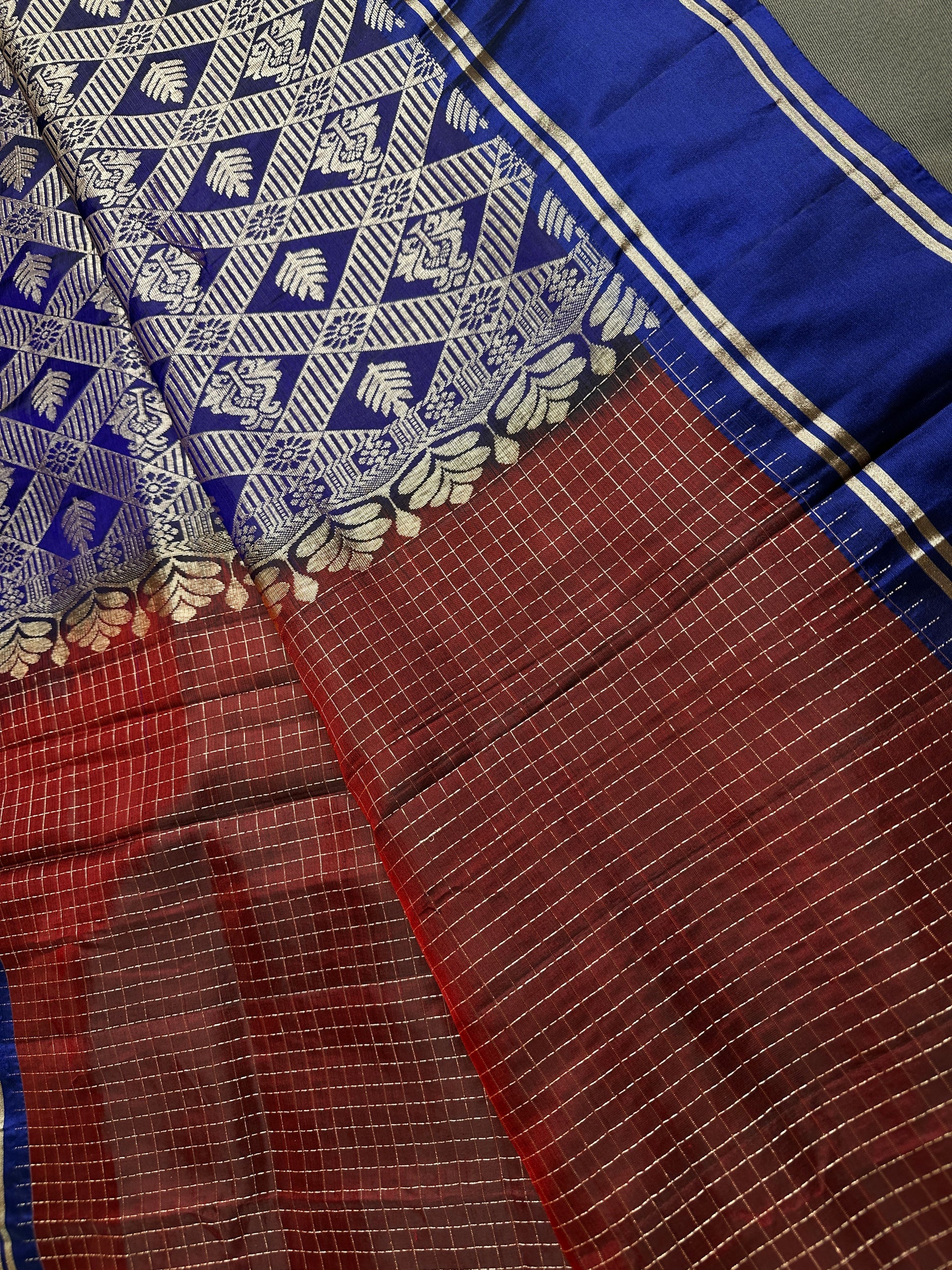 Kanchi Check Brown Blue Soft Silk Saree - 