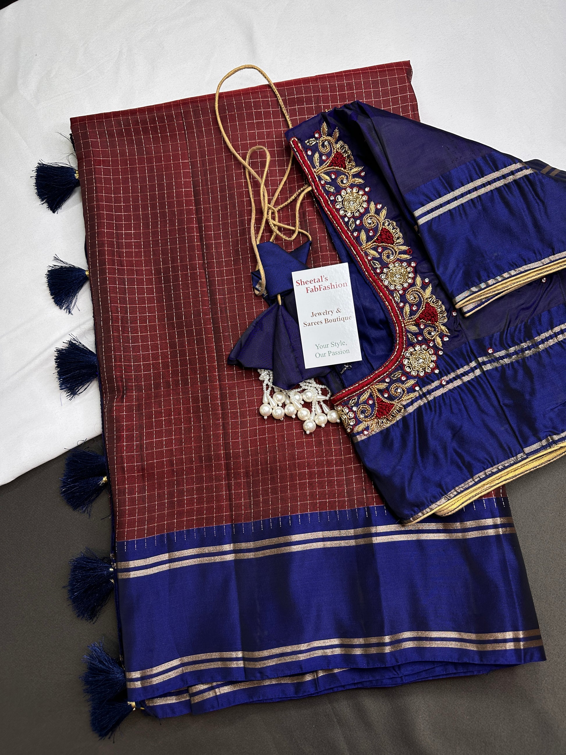 Kanchi Check Brown Blue Soft Silk Saree - 