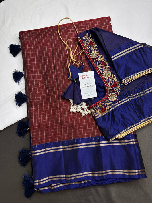 Kanchi Check Brown Blue Soft Silk Saree - 
