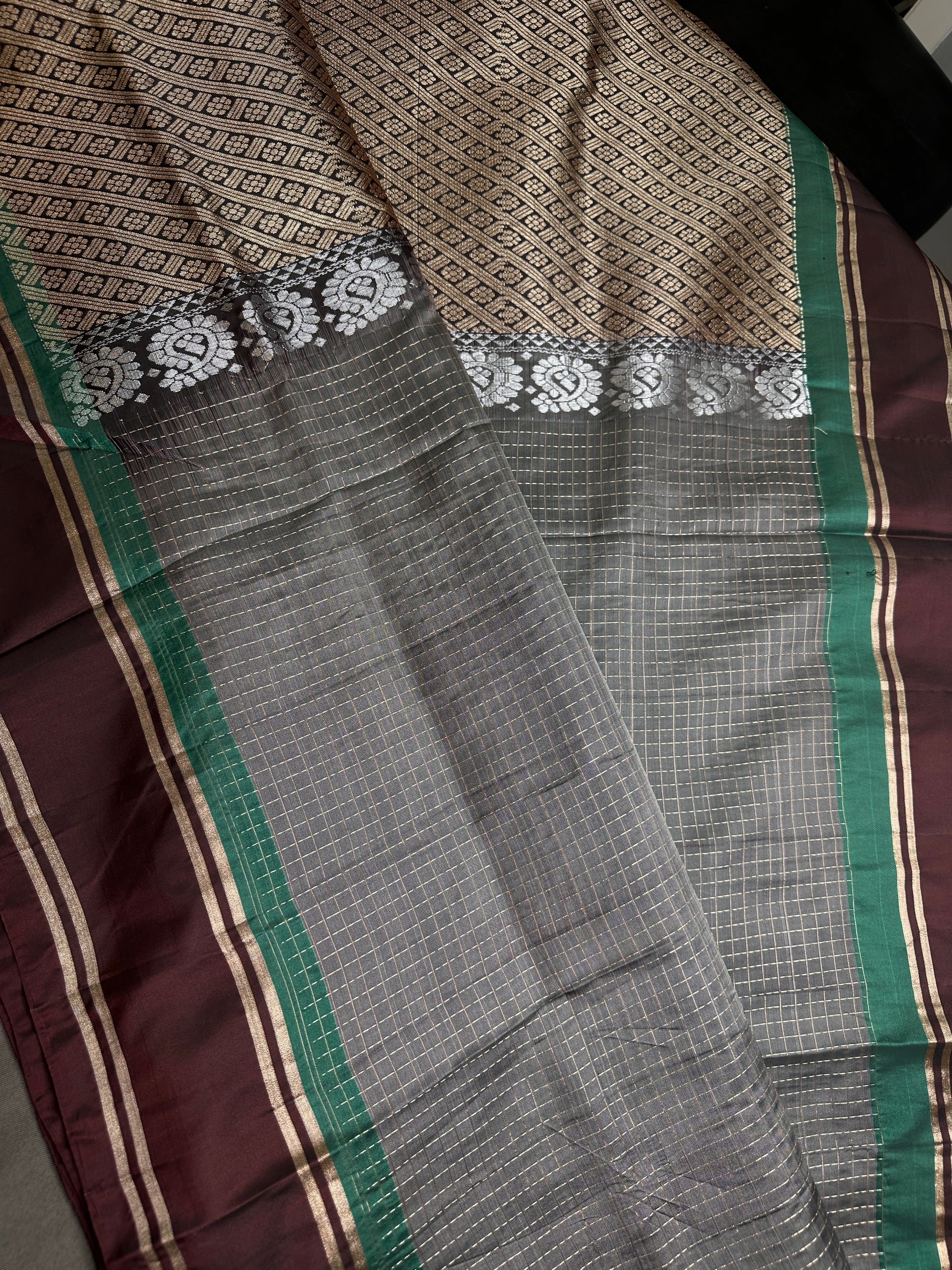 Kanchi Check Grey Soft Silk Saree - 