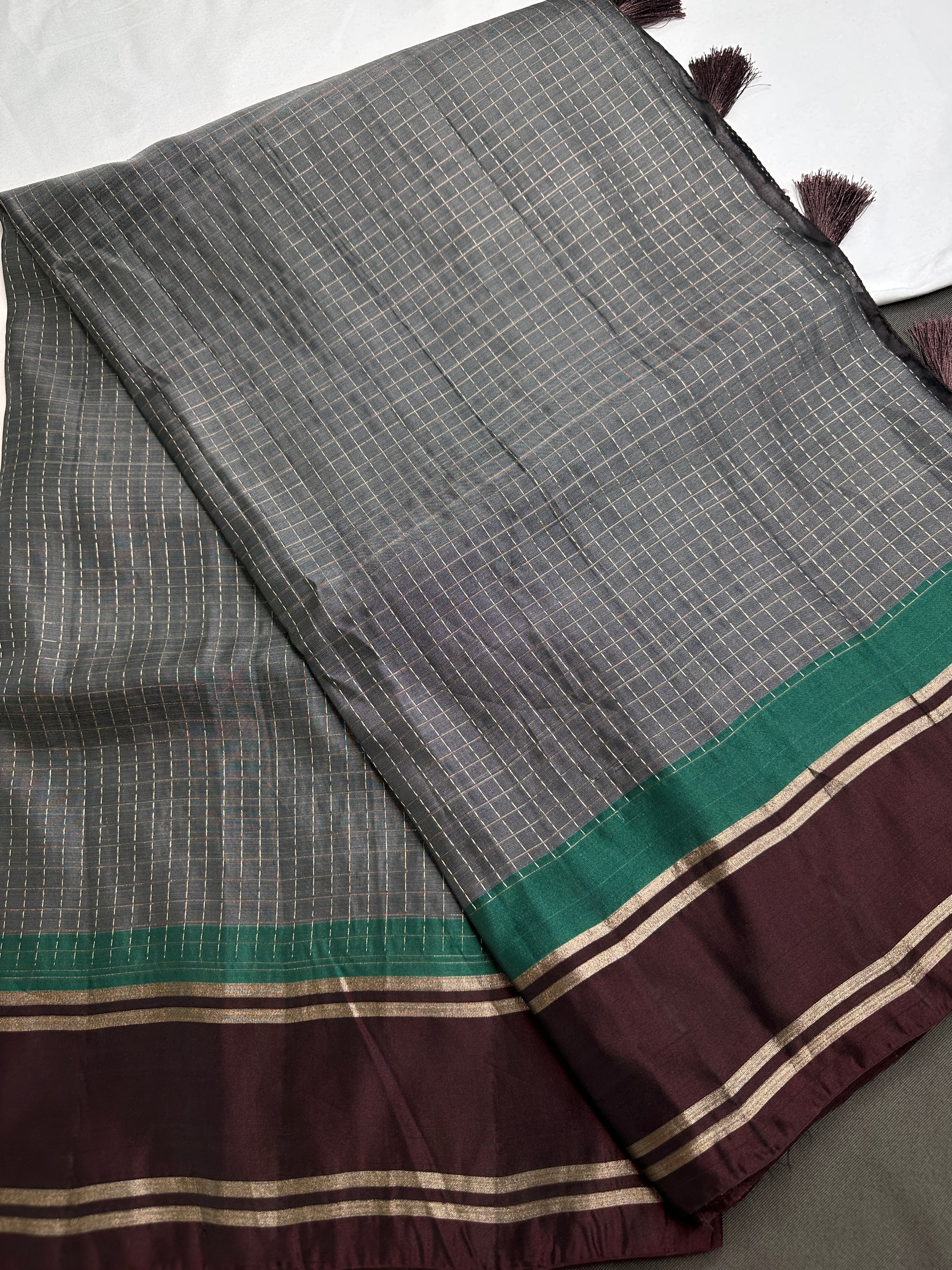 Kanchi Check Grey Soft Silk Saree - 
