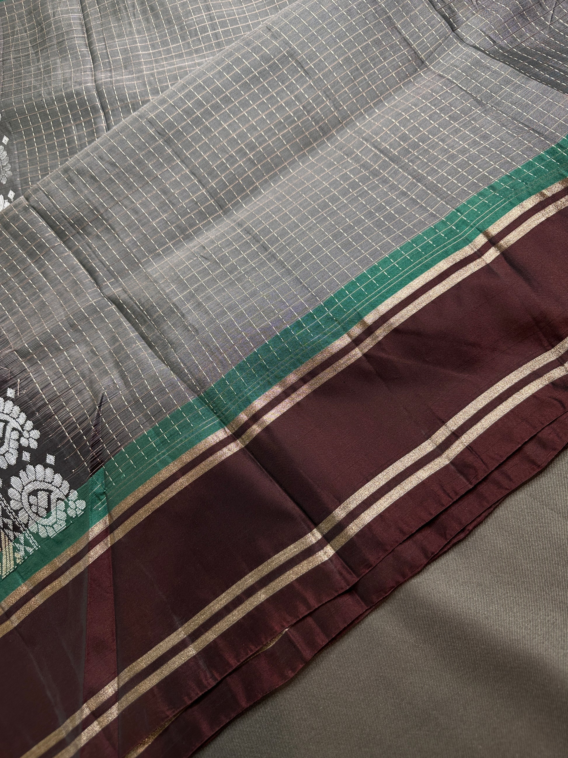 Kanchi Check Grey Soft Silk Saree - 