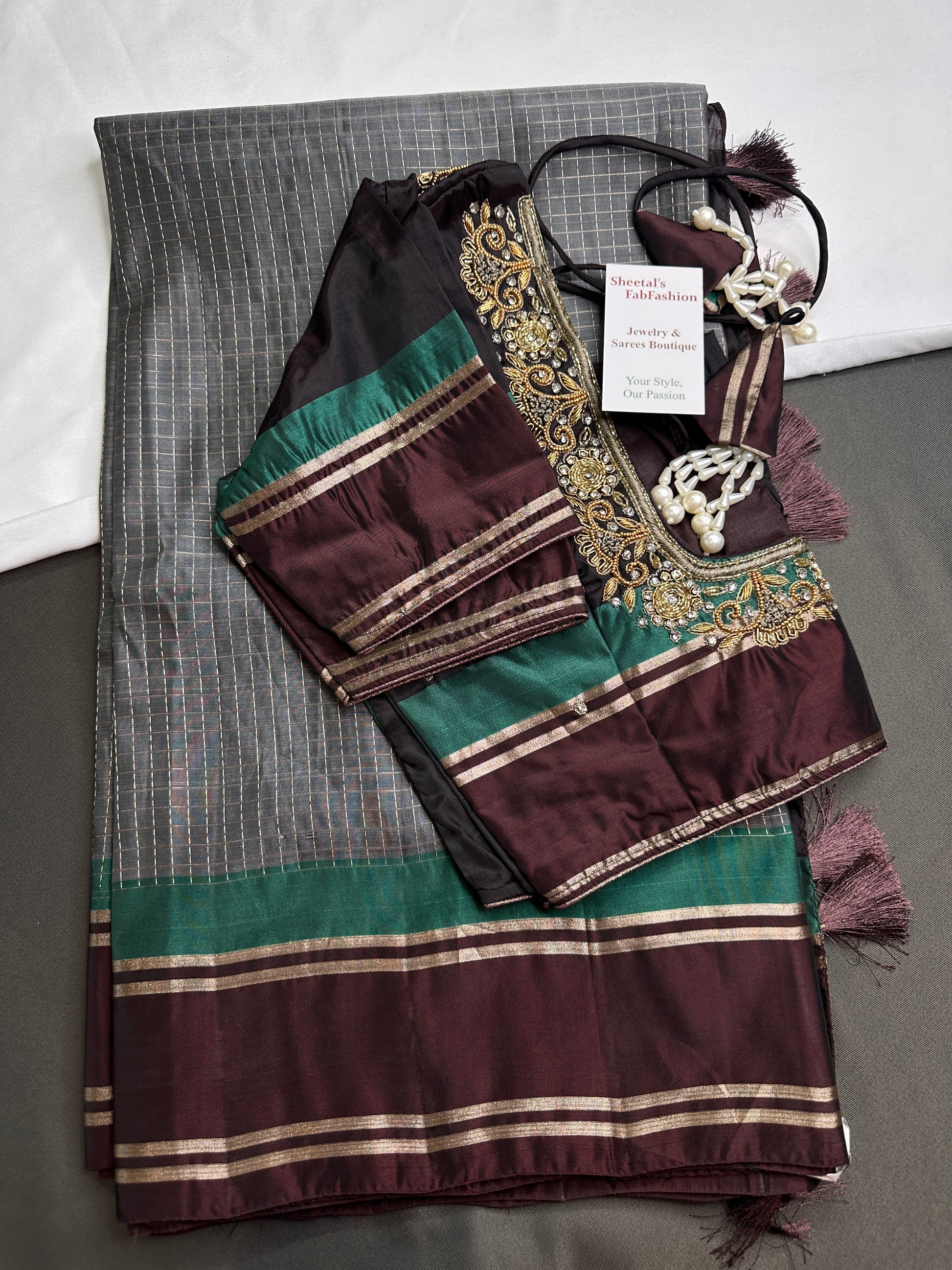 Kanchi Check Grey Soft Silk Saree - 
