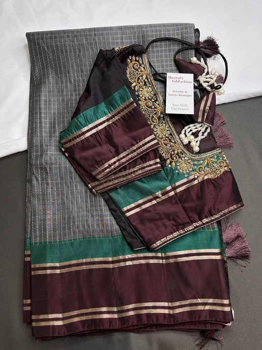 Kanchi Check Grey Soft Silk Saree - 