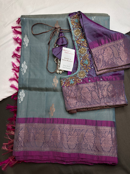 Kanchi Pattu Grey Lavender Pure Silk Saree - 