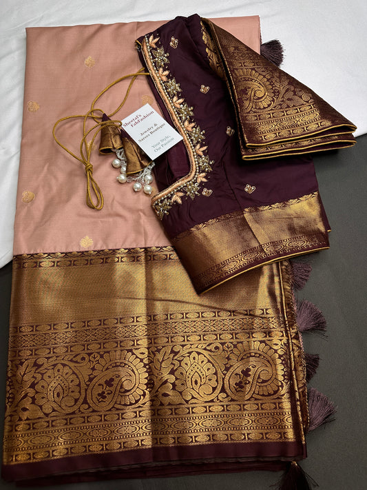 Semi Gadwal Beige Brown Pattu Silk Saree - 