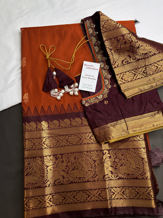 Semi Gadwal Rust Brown Pattu Silk Saree - 
