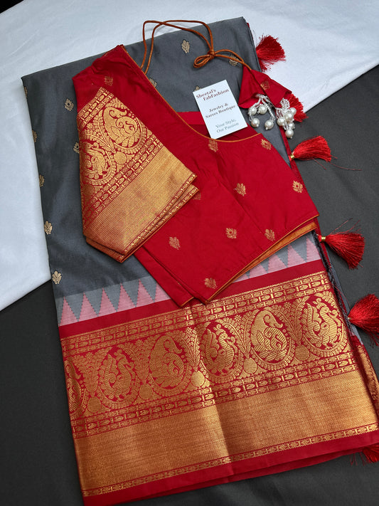 Semi Gadwal Grey Red Pattu Silk Saree - 