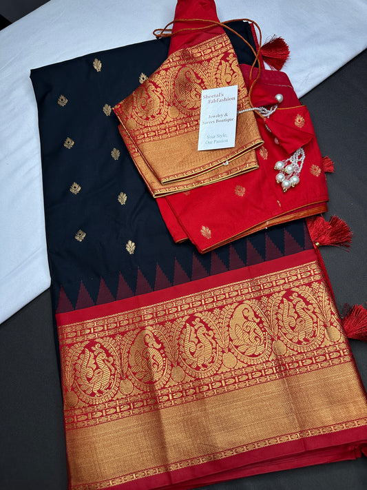 Semi Gadwal Black Red Pattu Silk Saree - 