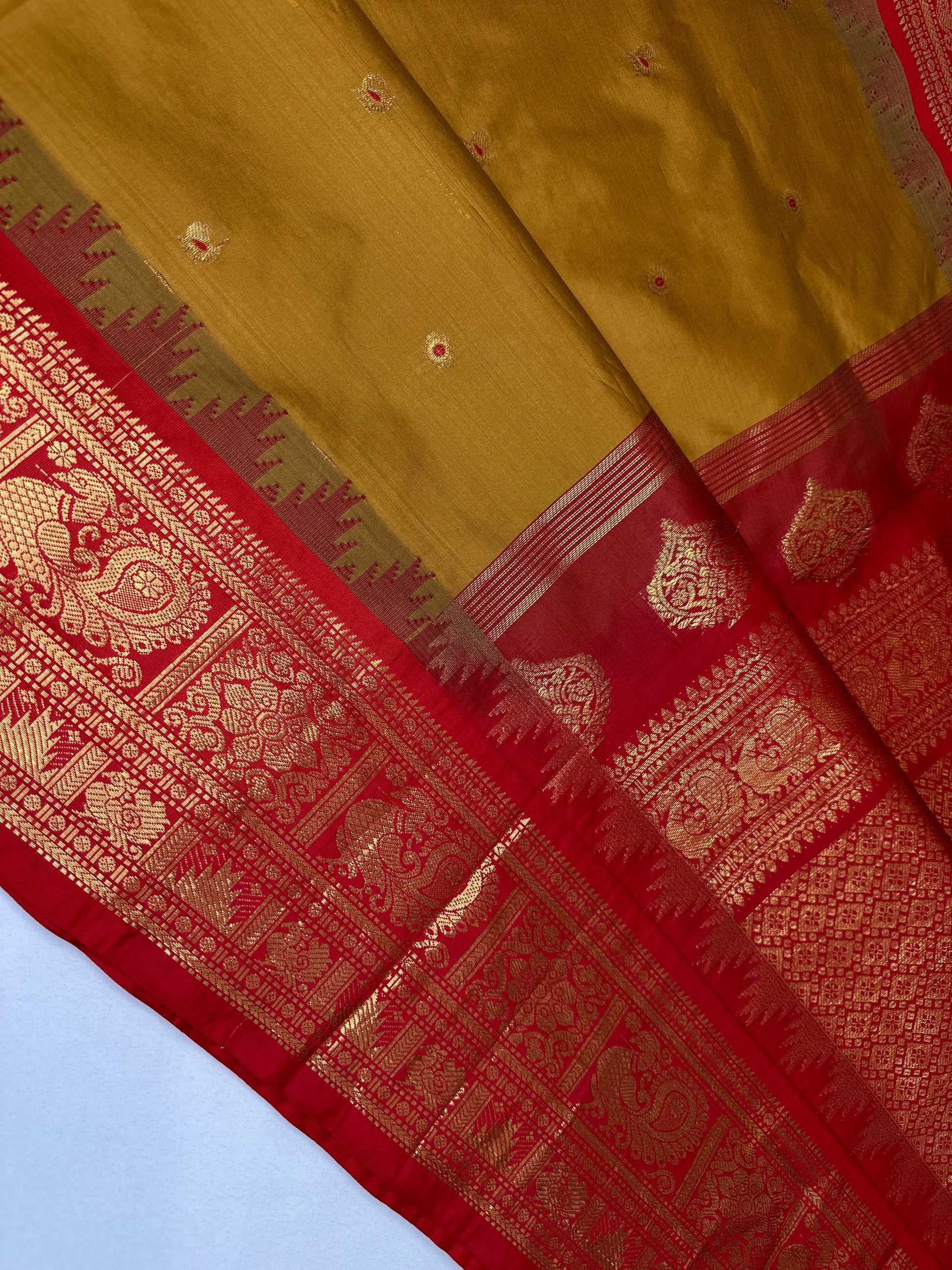 Pure Gadwal Mustard Red Pattu Silk Saree - 