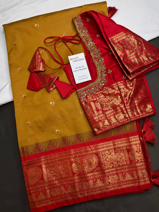 Pure Gadwal Mustard Red Pattu Silk Saree - 