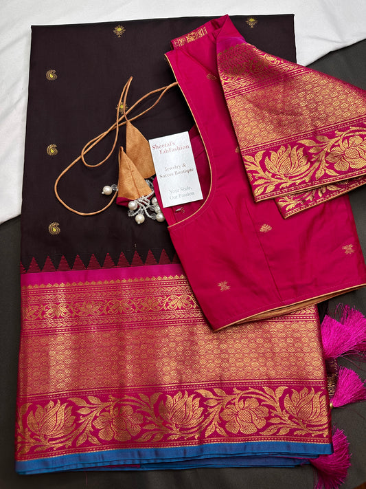 Pure Gadwal Brown Pink Pattu Silk Saree - 