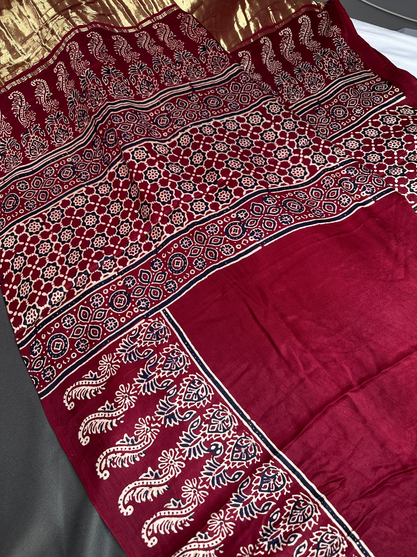 Dola Silk Ajarakh Maroon Red Saree - 