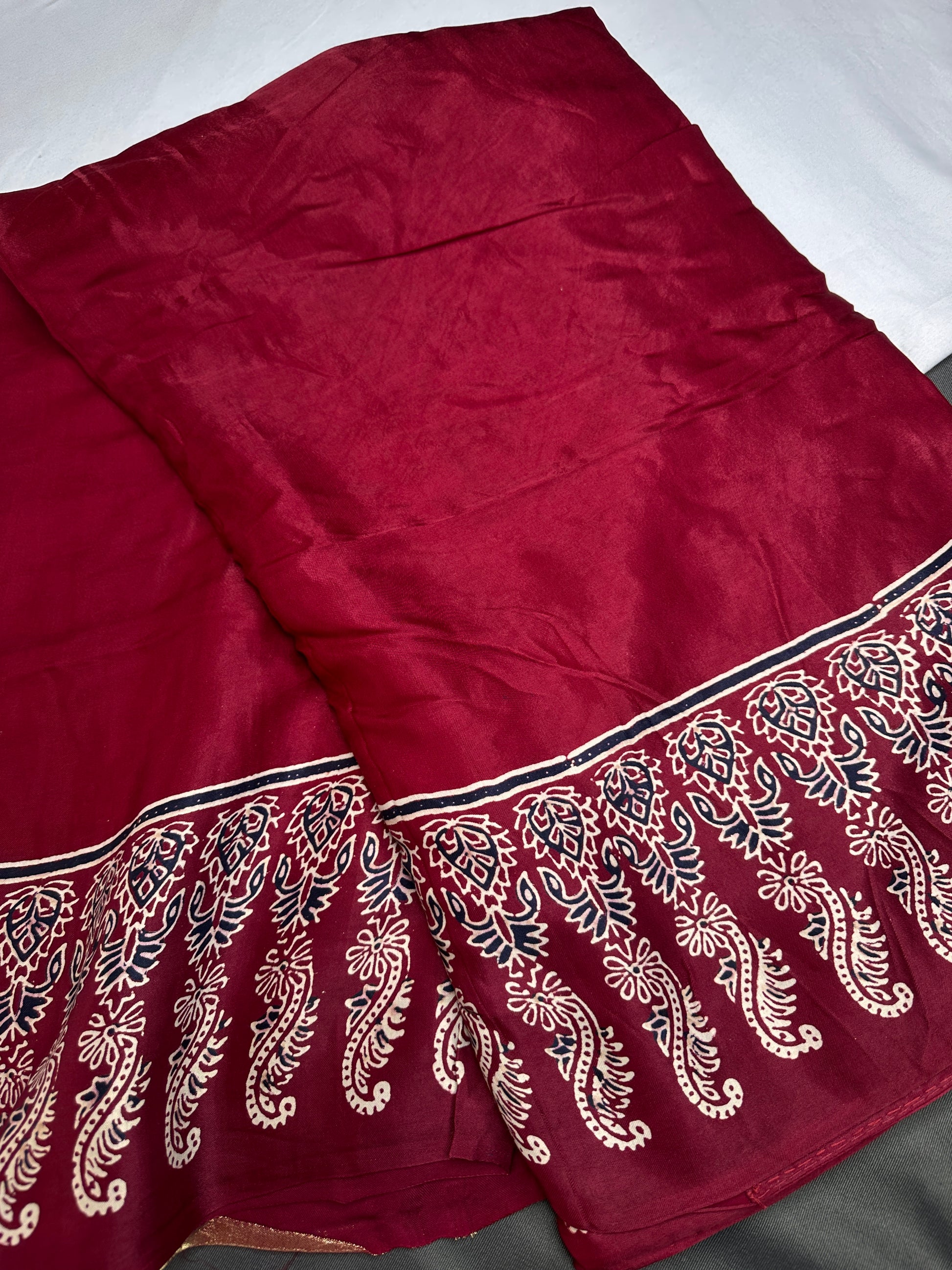 Dola Silk Ajarakh Maroon Red Saree - 