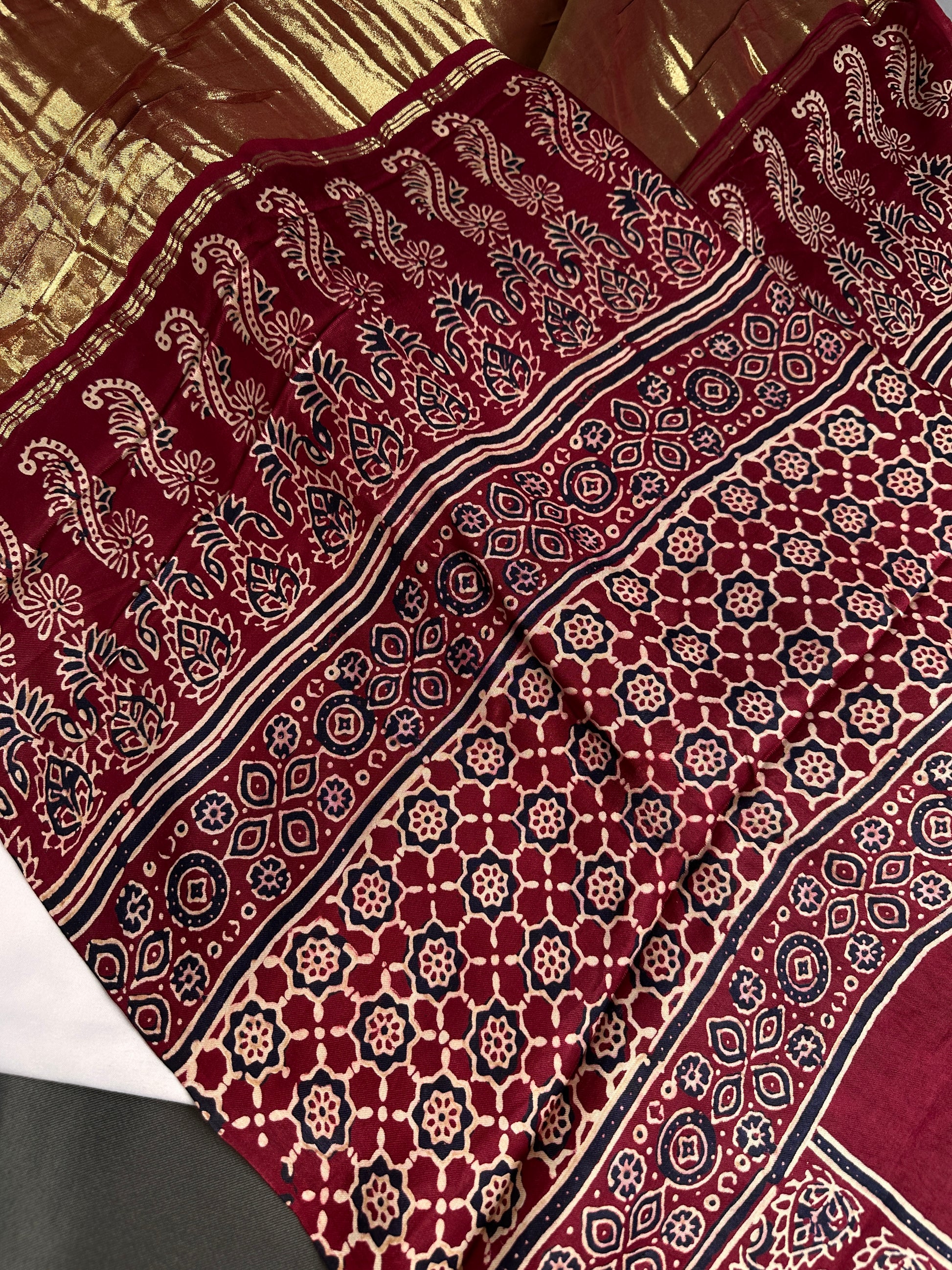 Dola Silk Ajarakh Maroon Red Saree - 