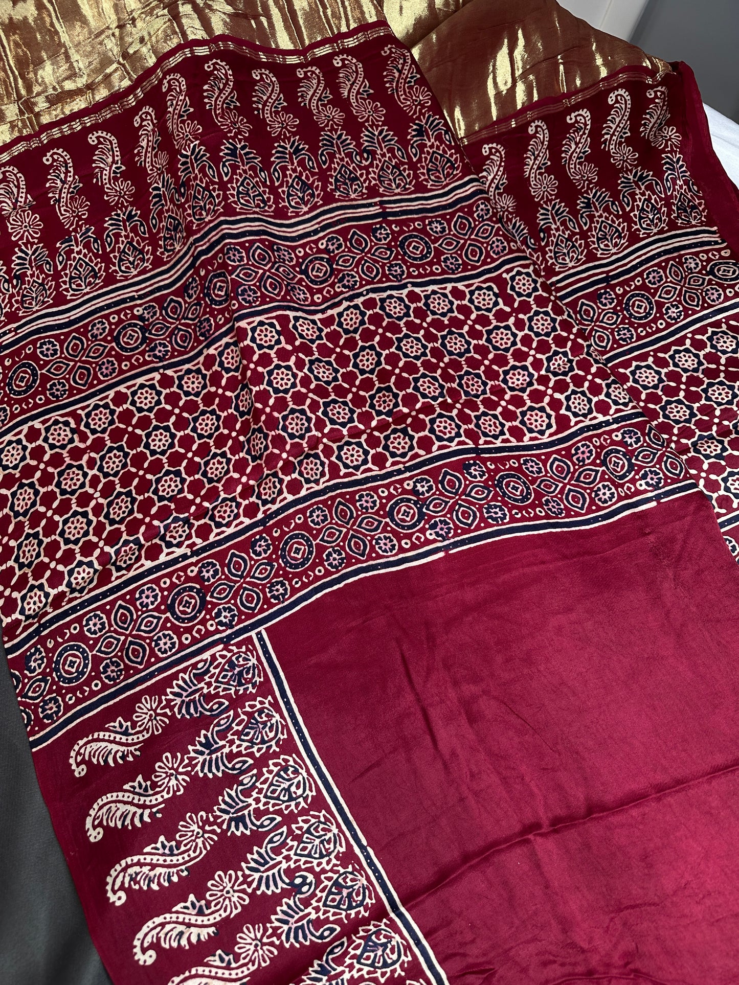Dola Silk Ajarakh Maroon Red Saree - 