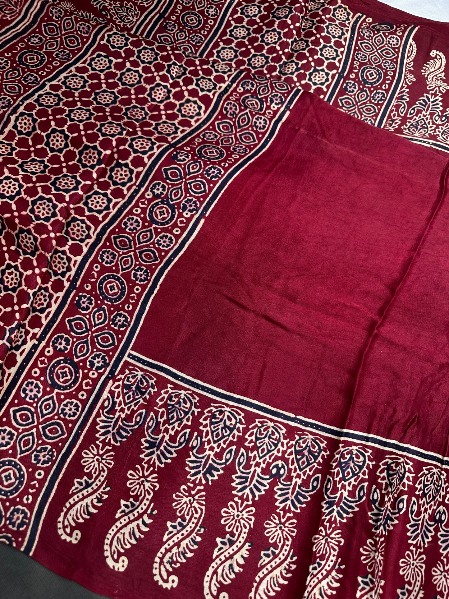 Dola Silk Ajarakh Maroon Red Saree - 