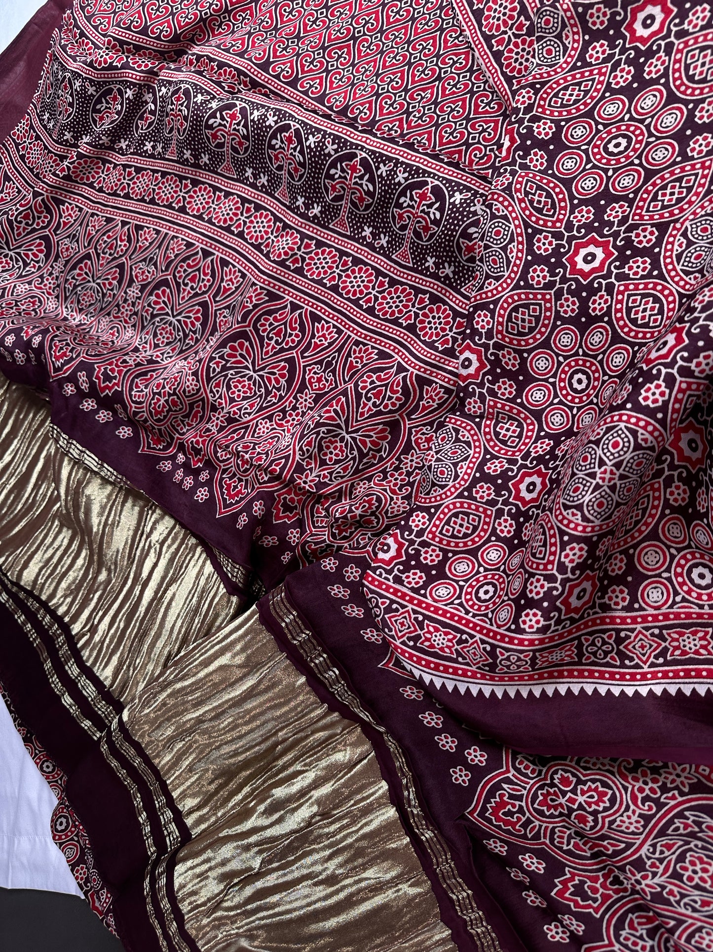 Dola Silk Ajarakh Maroon Plum Saree - 