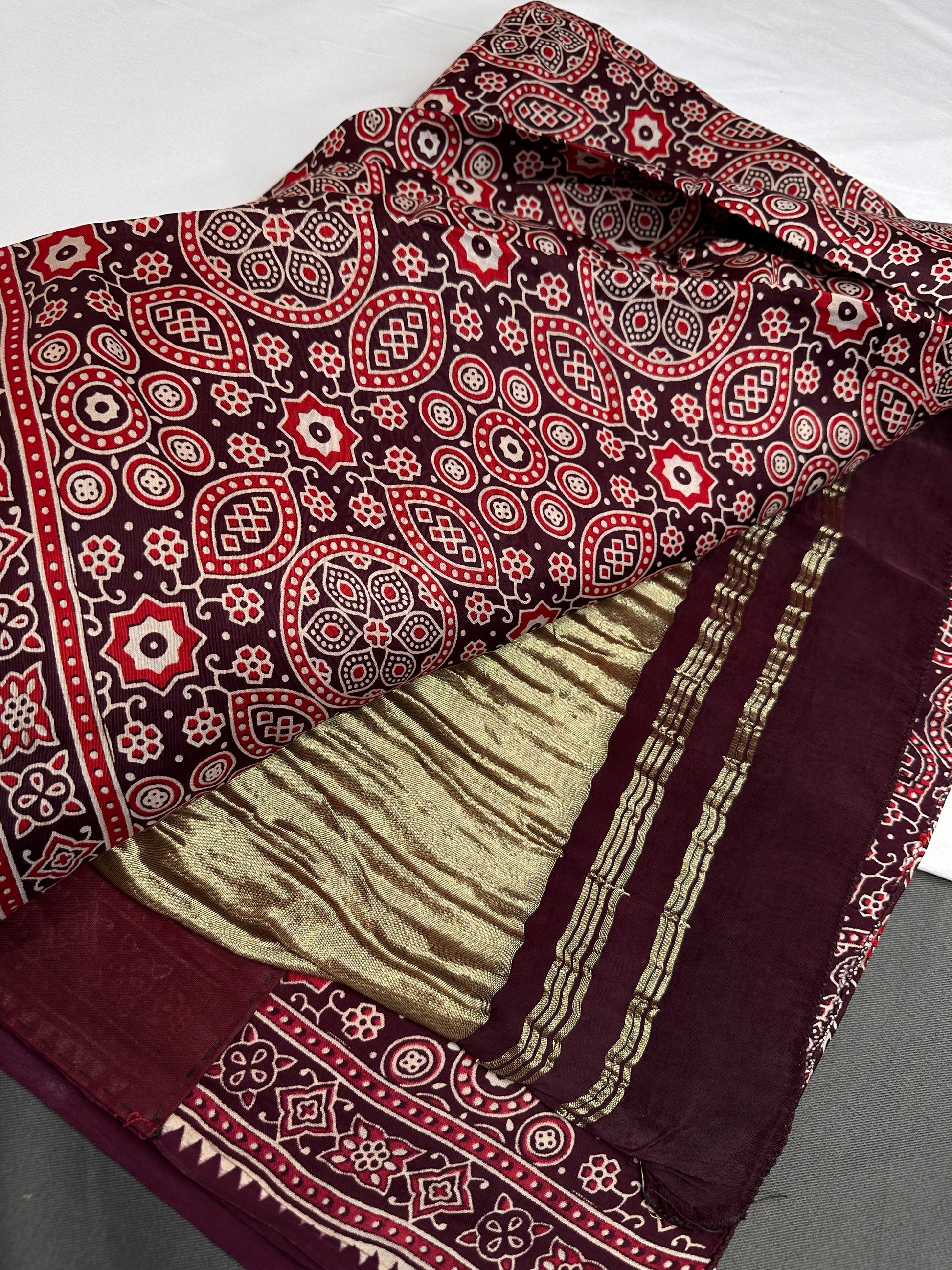 Dola Silk Ajarakh Maroon Plum Saree - 