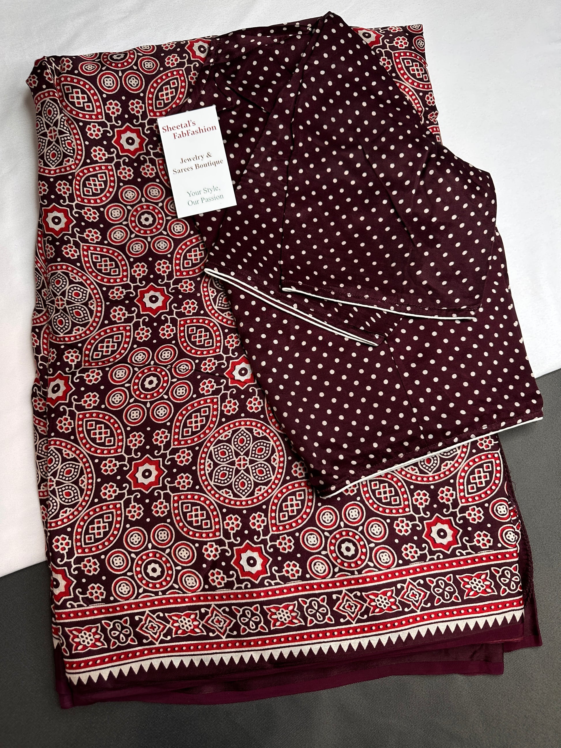 Dola Silk Ajarakh Maroon Plum Saree - 