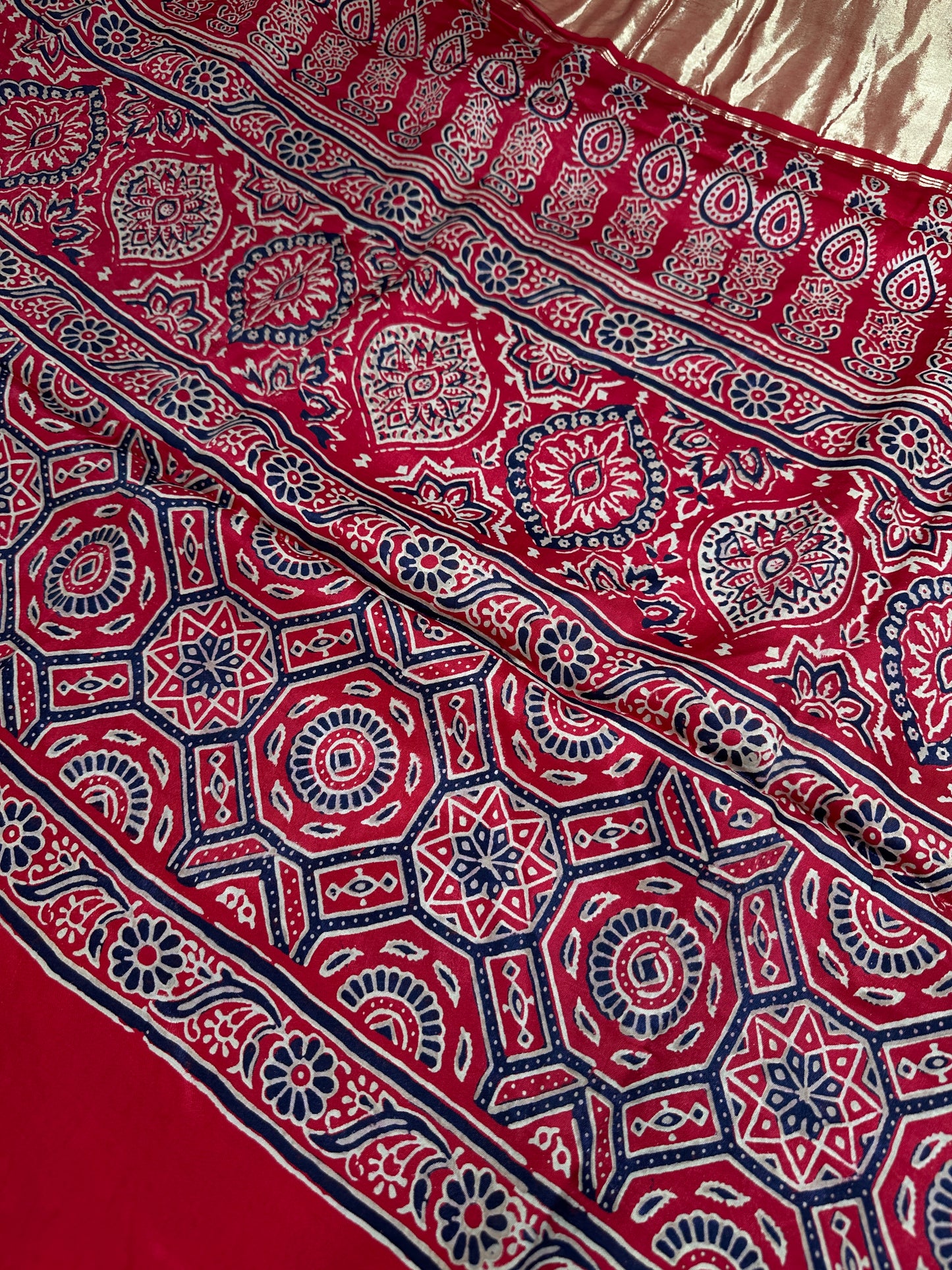 Dola Silk Ajarakh Red Saree - 