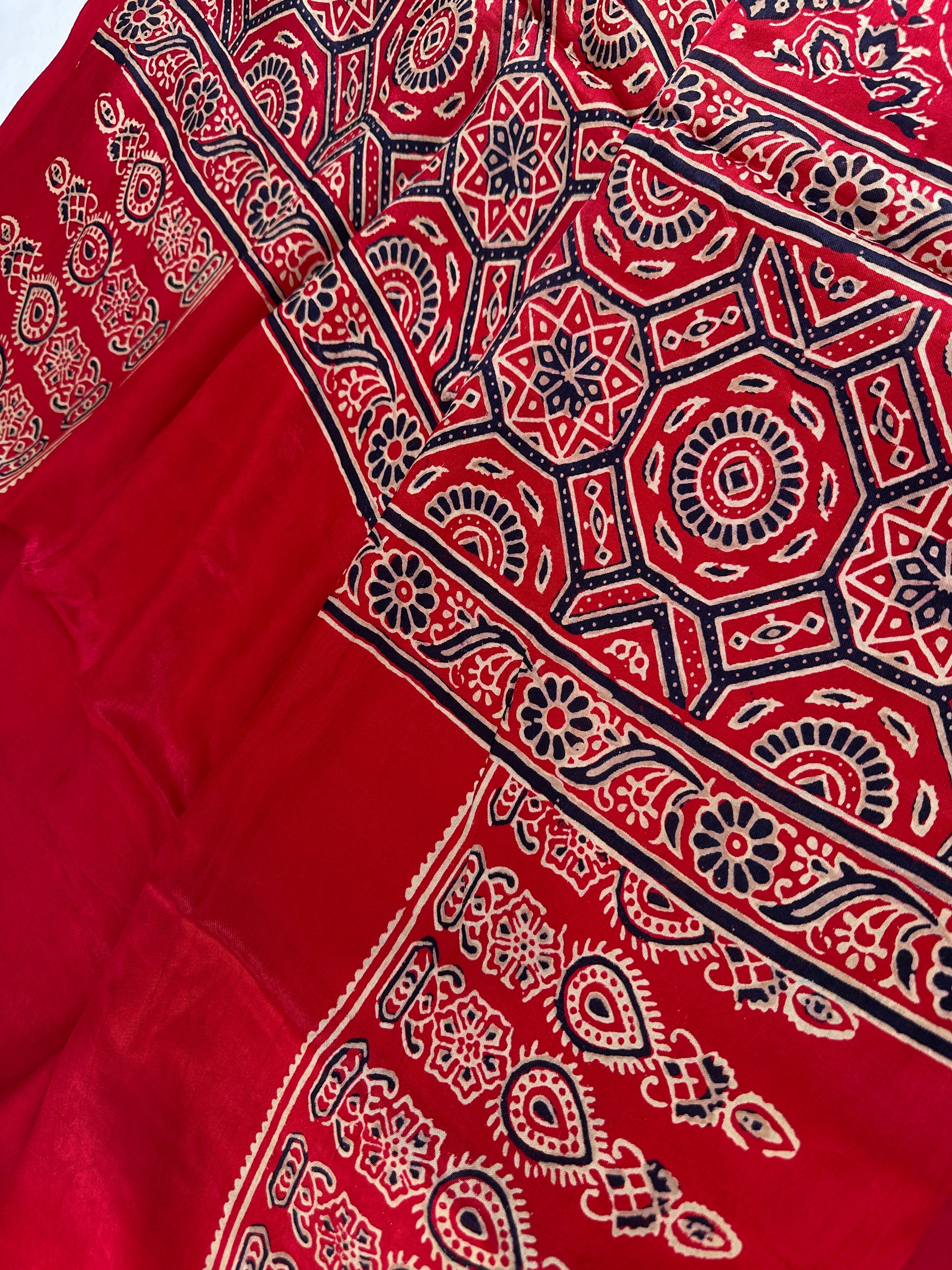 Dola Silk Ajarakh Red Saree - 
