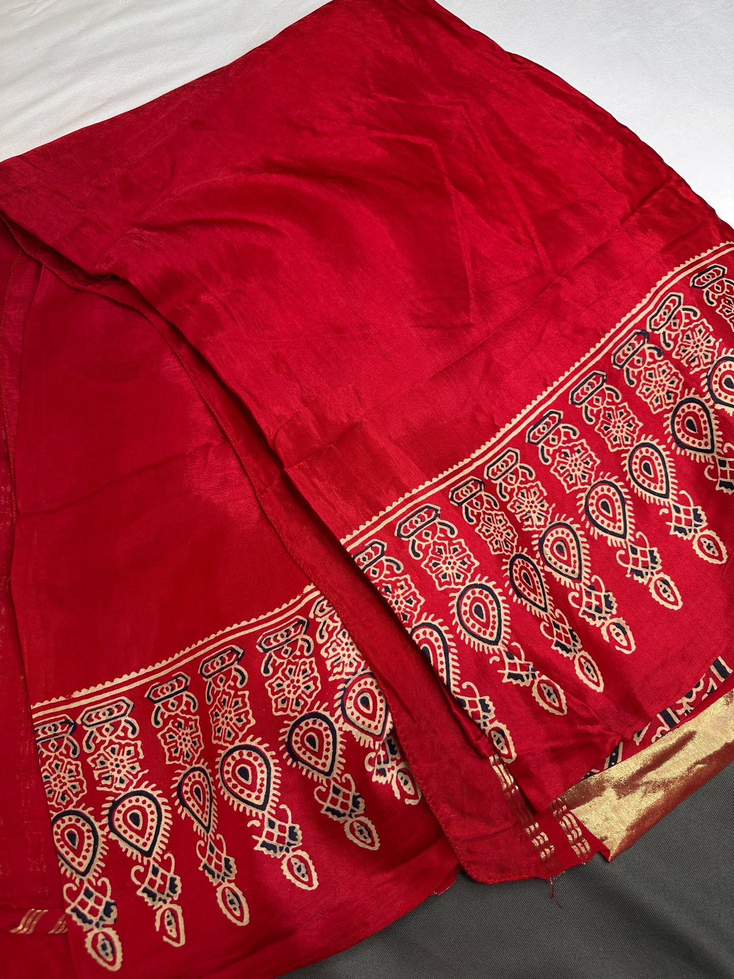 Dola Silk Ajarakh Red Saree - 