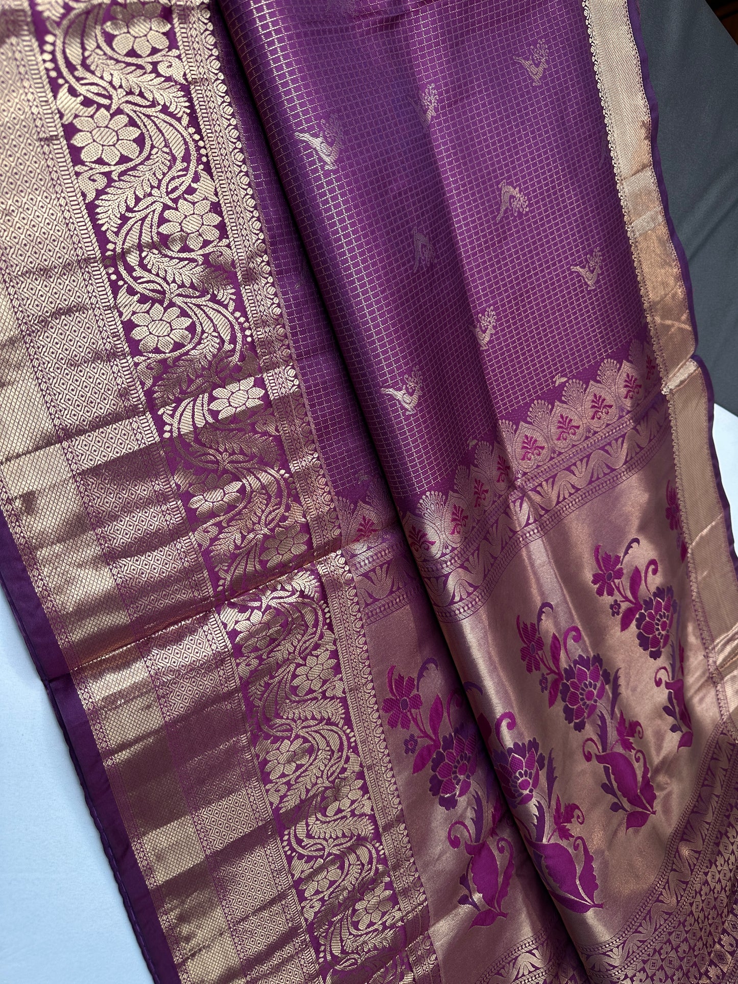 Kanch Light Weight Semi Silk Purple Checked Saree - 