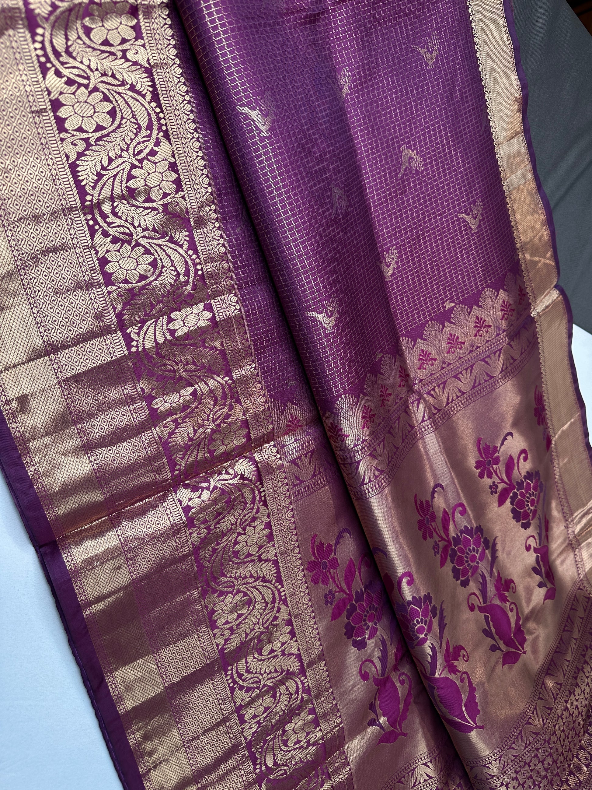 Kanch Light Weight Semi Silk Purple Checked Saree - 