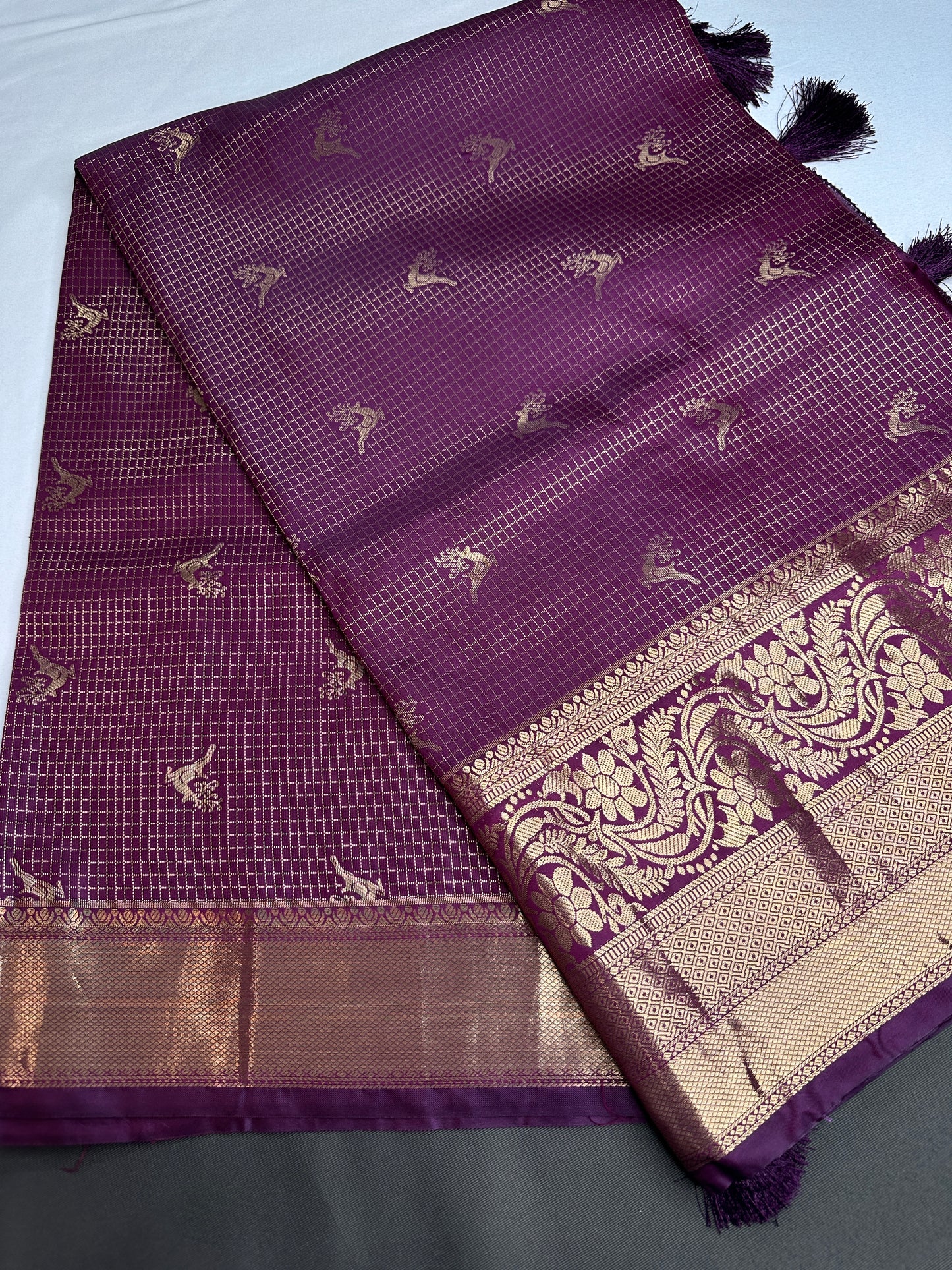 Kanch Light Weight Semi Silk Purple Checked Saree - 