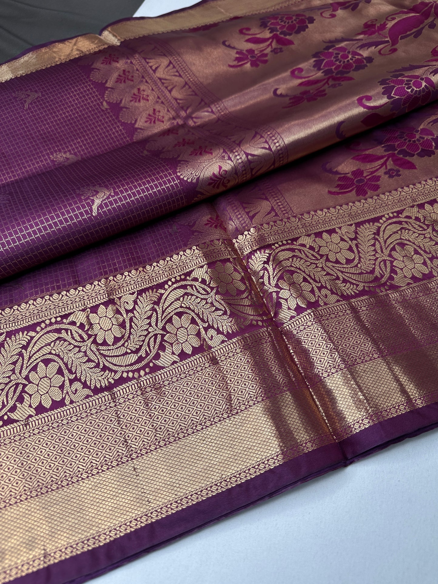 Kanch Light Weight Semi Silk Purple Checked Saree - 