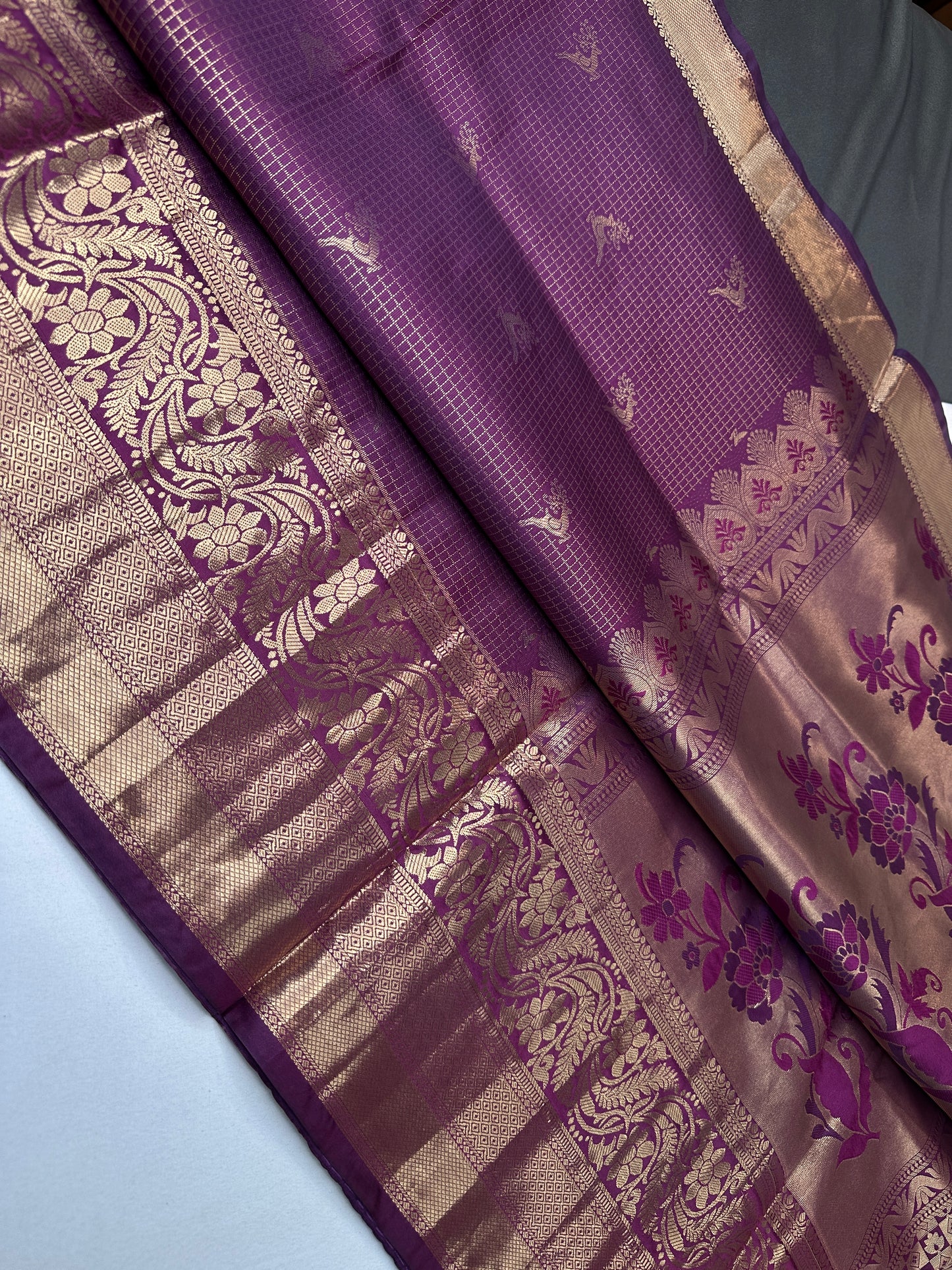Kanch Light Weight Semi Silk Purple Checked Saree - 