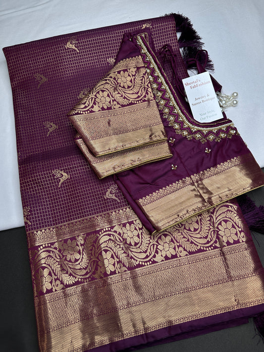 Kanch Light Weight Semi Silk Purple Checked Saree - 