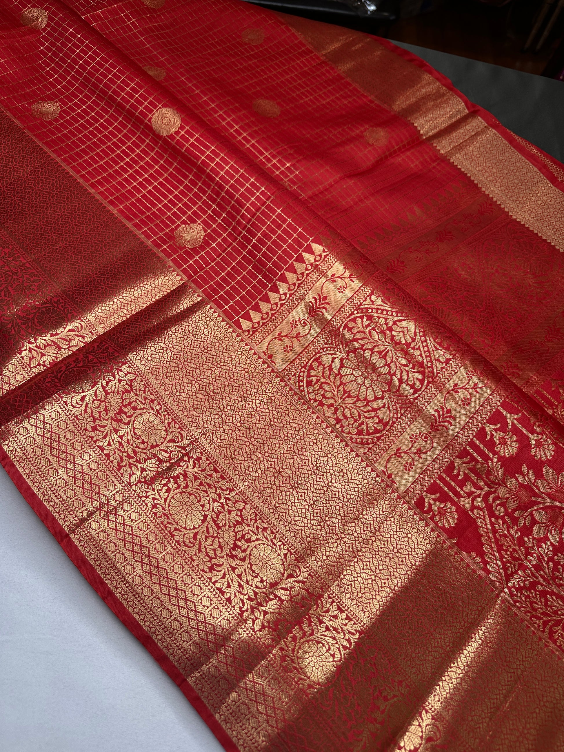 Kanch Light Weight Semi Silk Red Checked Saree - 